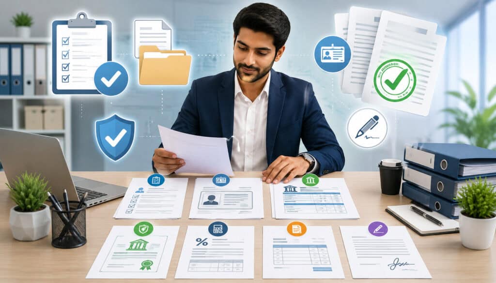 Business documents reviewed for approval in a modern office