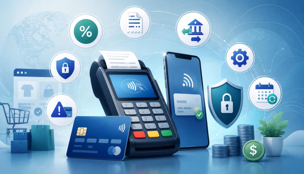Payment processing fees with POS terminal, card, mobile payment, and fee icons