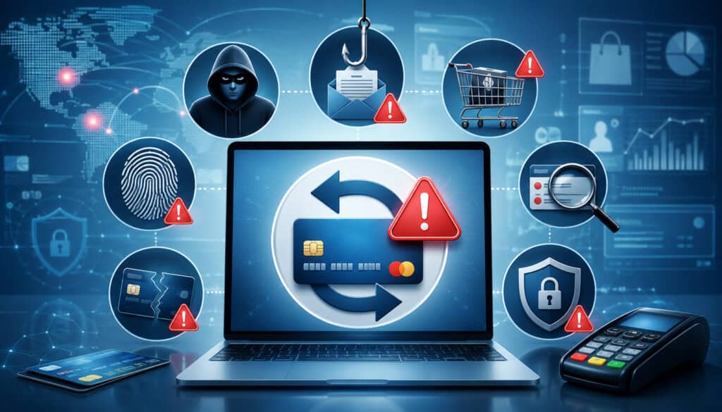 Fraud-related chargeback warning with payment security icons