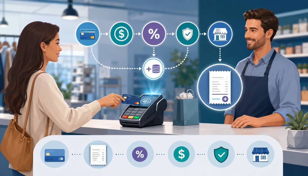 Customer paying by card with surcharge program icons at checkout