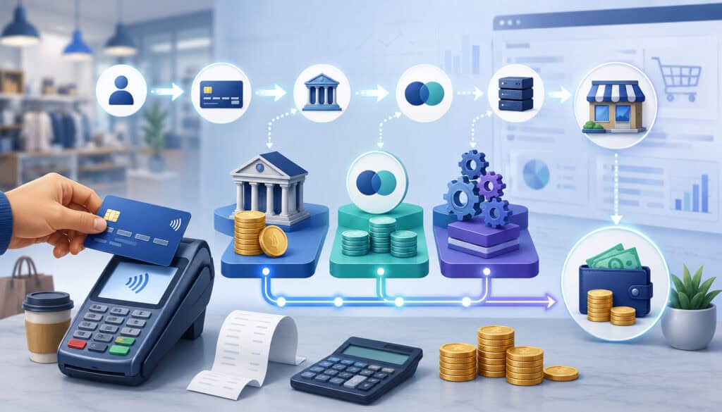 Payment processing fees and merchant transaction flow illustration