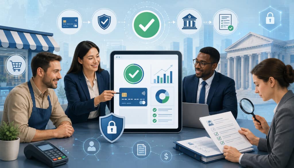 Merchant account approval process with payment, bank, and compliance icons