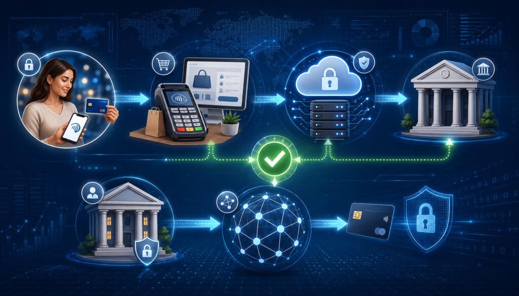 Payment authorization process with customer, merchant, banks, card network, and secure approval flow
