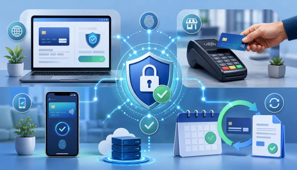Secure online, in-person, mobile, and recurring payment authorization illustration