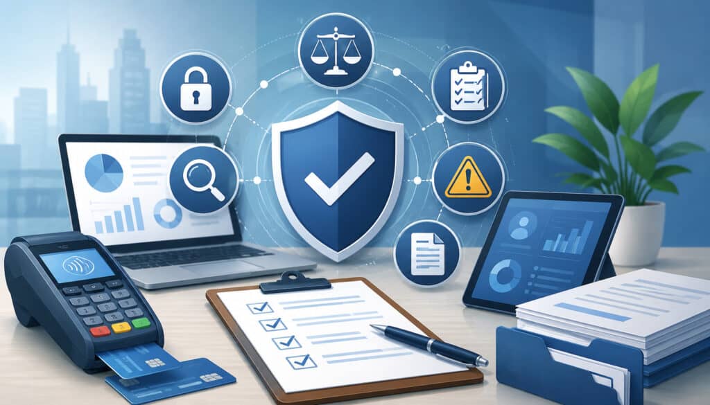Compliance and payment security illustration with checklist icons