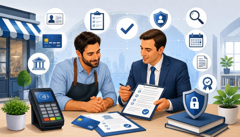 Merchant account application approval process with payment and security icons