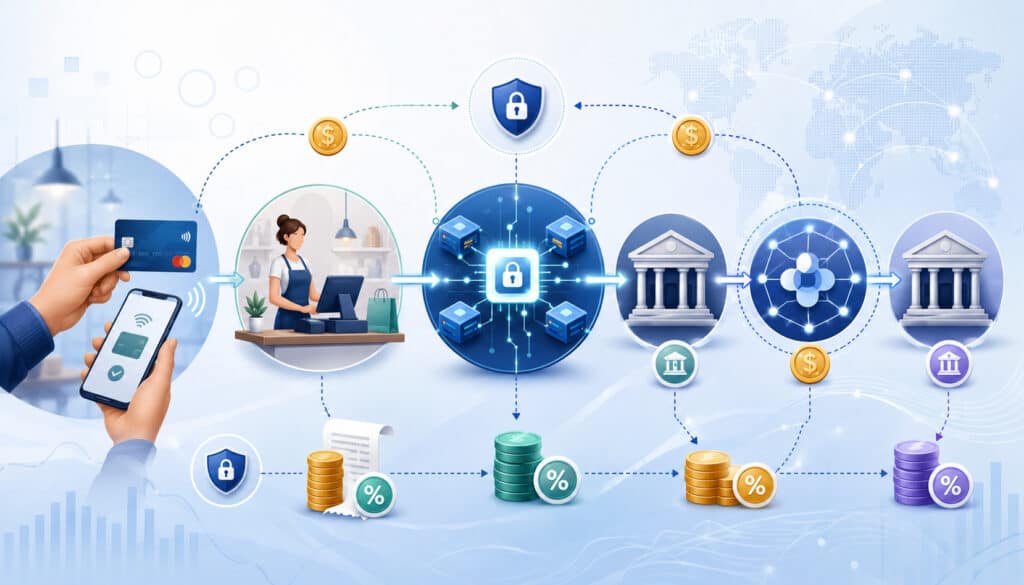 Payment processing fee ecosystem with customer, merchant, processor, card network, and banks