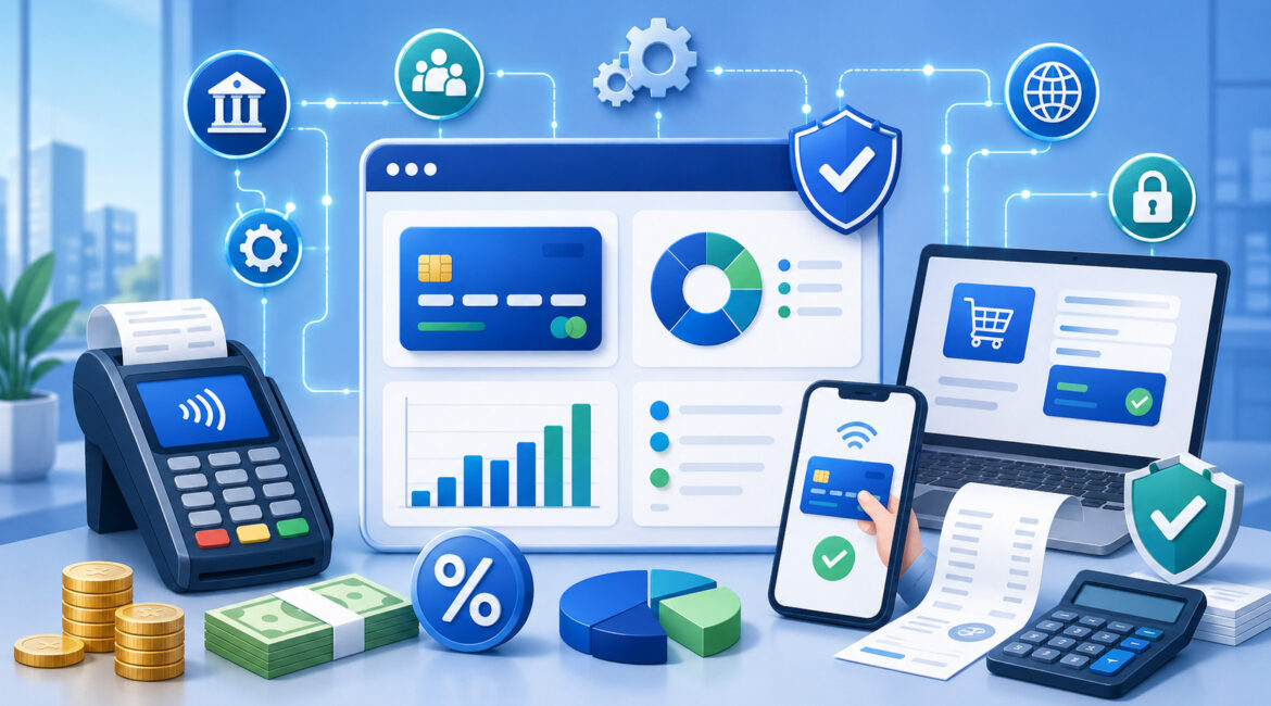 Payment processing fees dashboard with cards, POS terminal, calculator, and charts