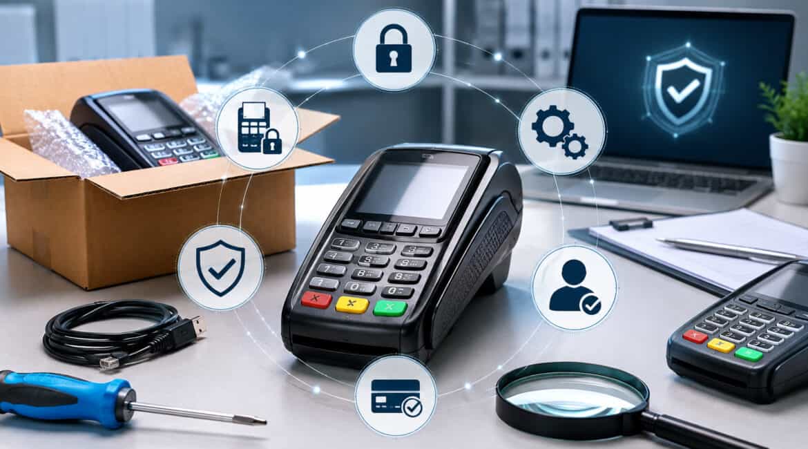 Used card payment terminal with lock, security, and verification icons
