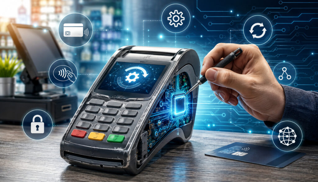 Used card payment terminal being reprogrammed with digital security and settings icons