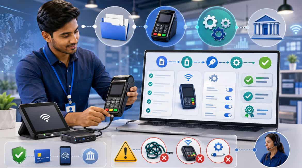 Payment agent configuring a POS terminal with installation checklist and error icons