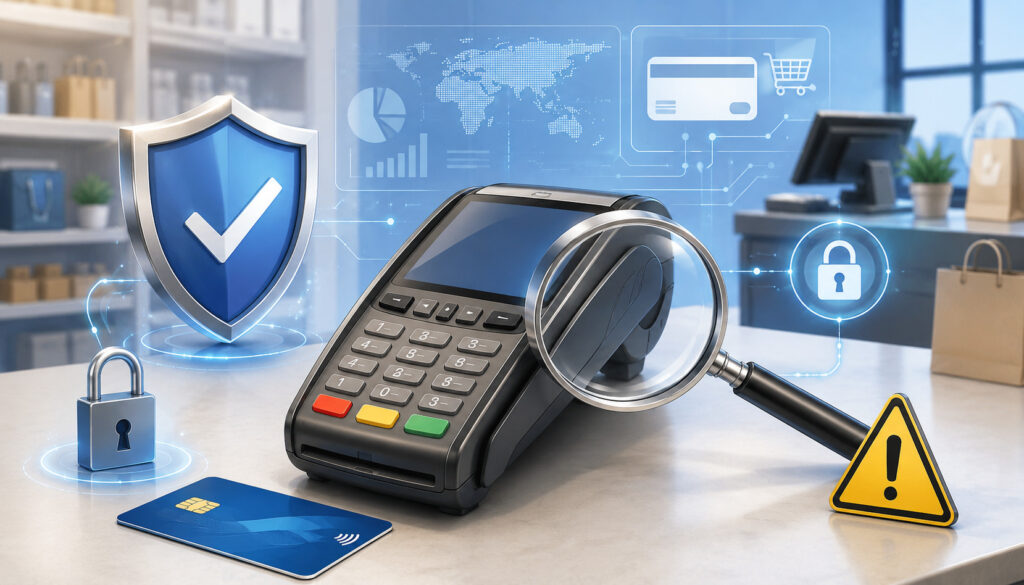 Used credit card machine with security shield, lock, magnifying glass, and warning icon