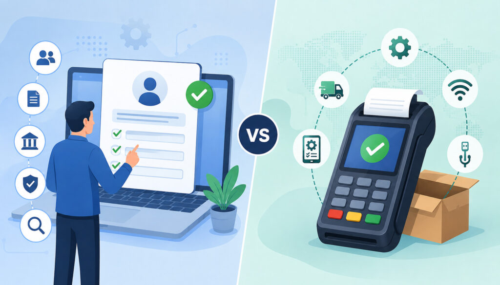 Merchant boarding vs. terminal provisioning payment process illustration