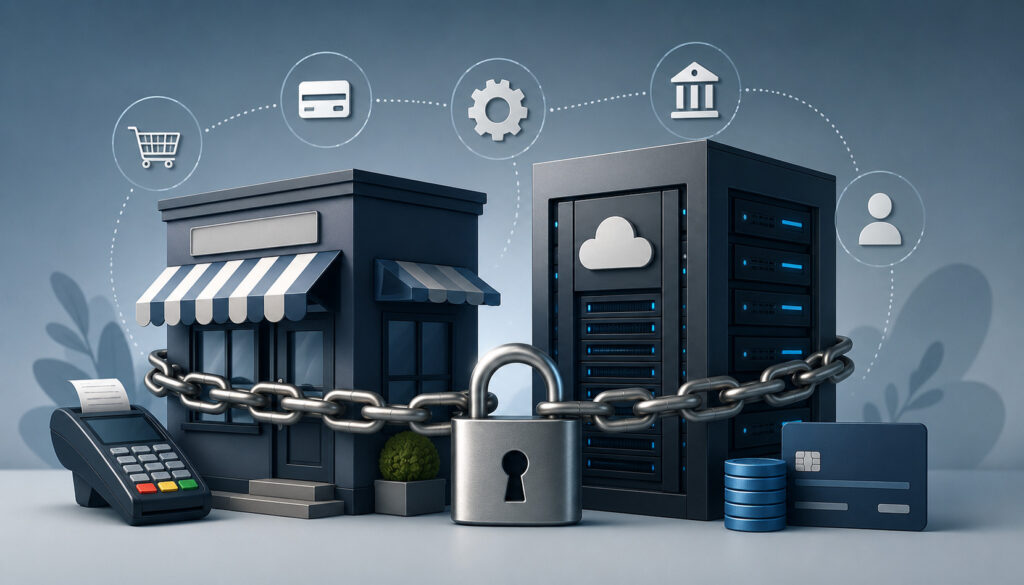 Payment processor lock-in concept with chained storefront, server, POS terminal, and padlock