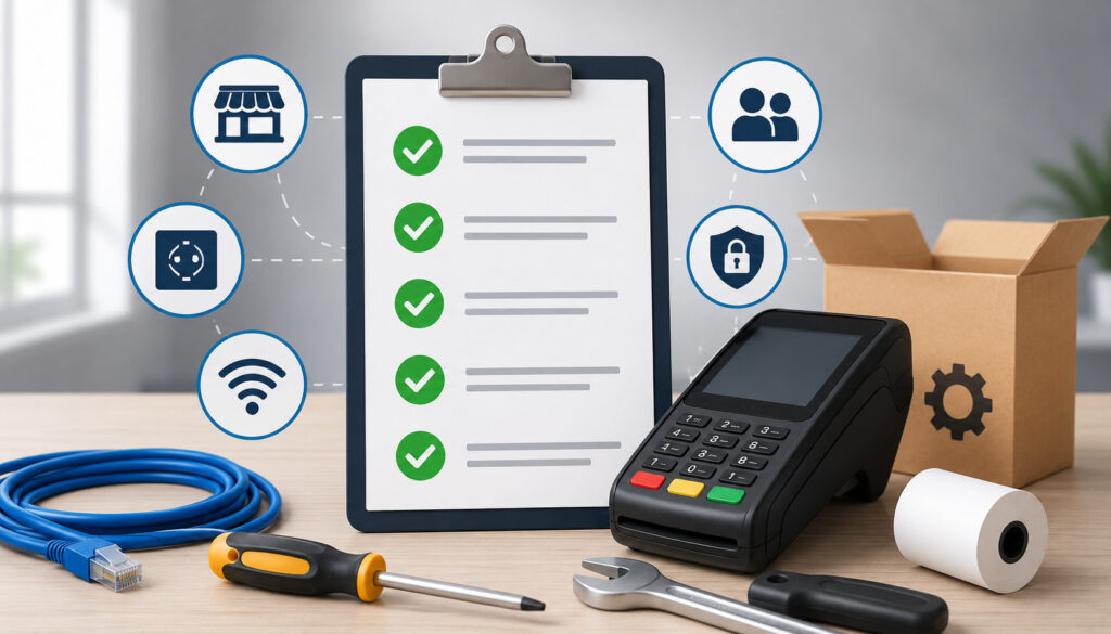 POS installation checklist with payment terminal, tools, and connectivity icons